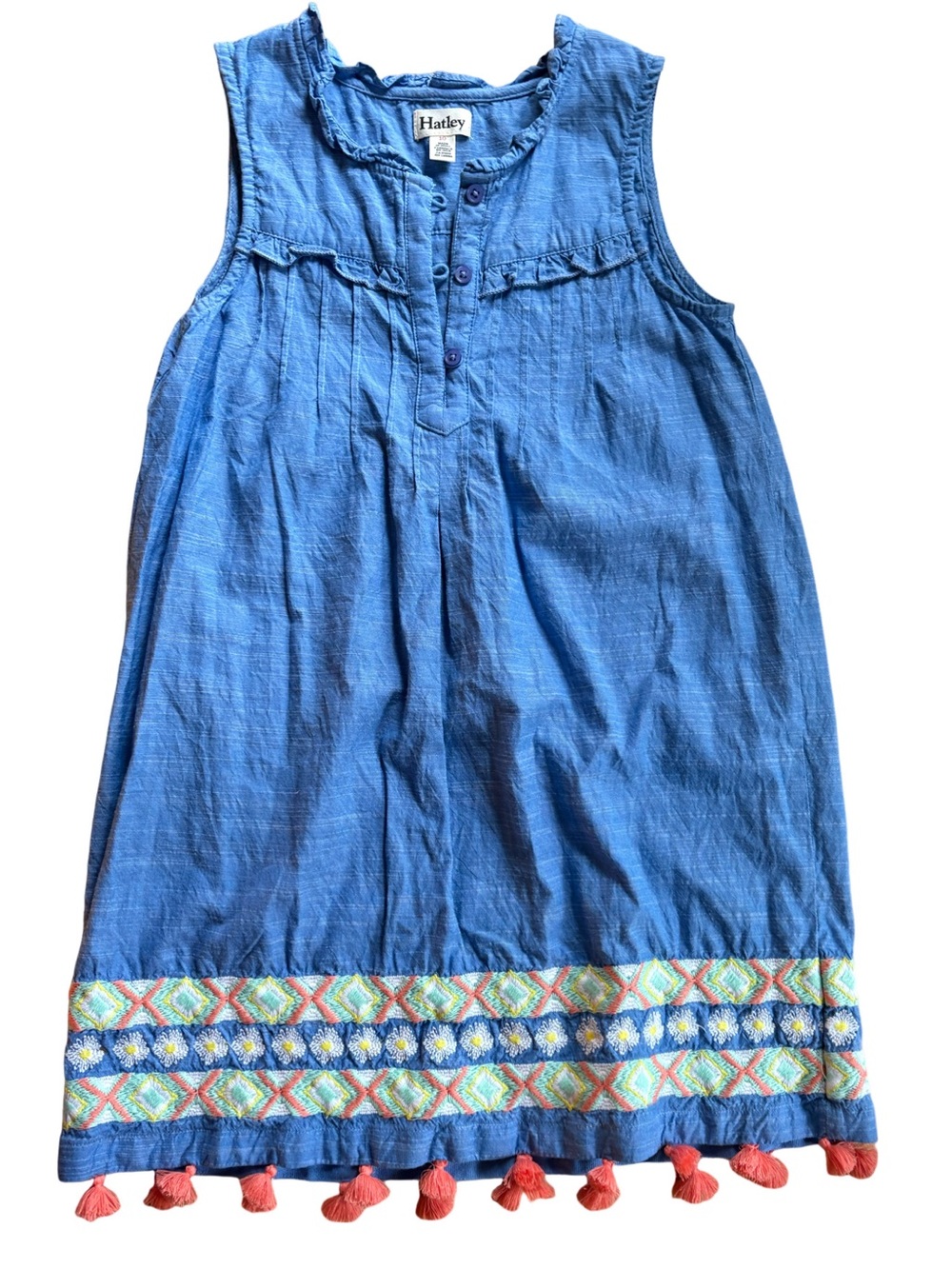 HATLEY EMBROIDERED CHAMBRAY DRESS BLUE Sleeveless Blue Cotton Size Girls’ 10